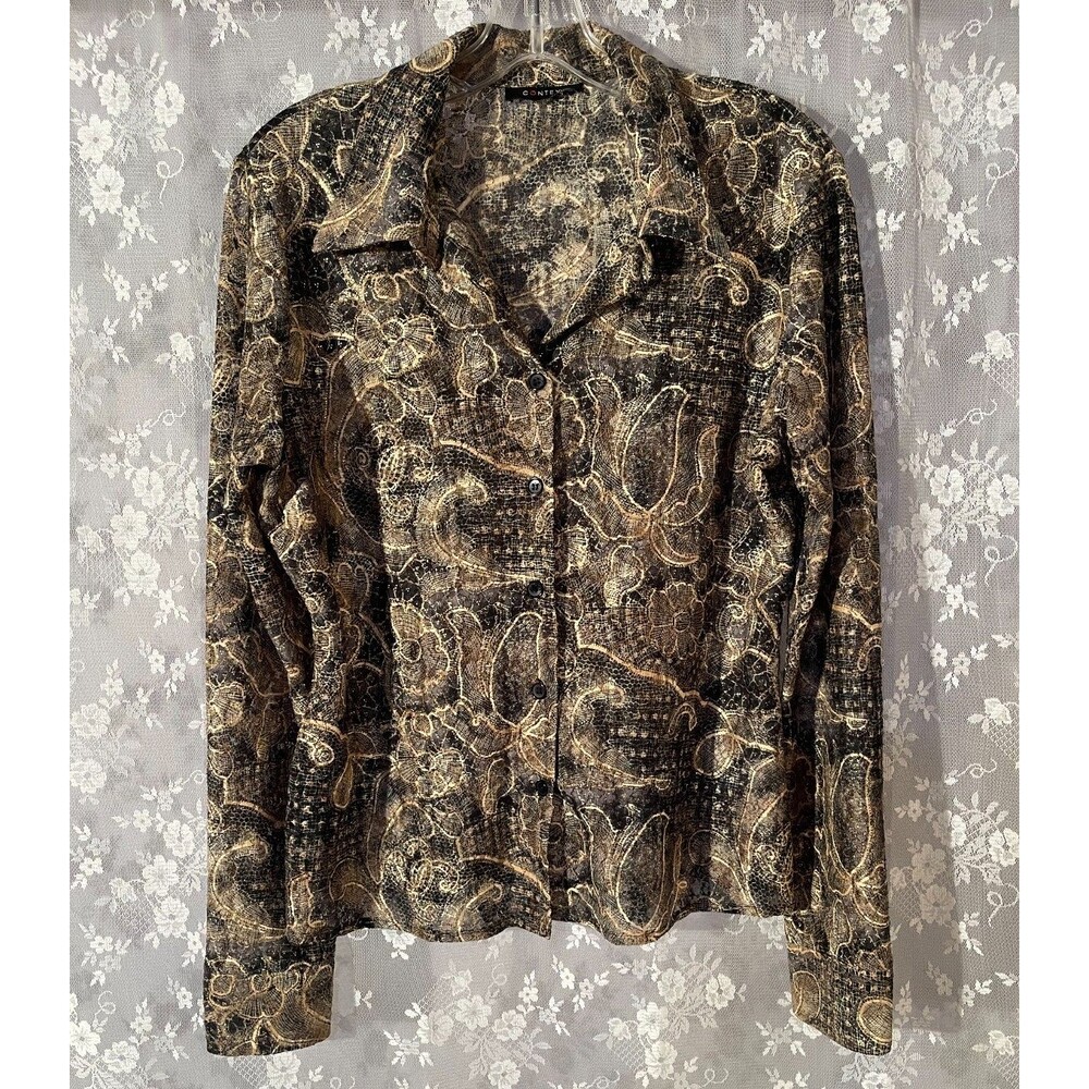 Vintage 90s Sheer Paisley Blouse Size Large Black Gold Whimsigoth Button Front
